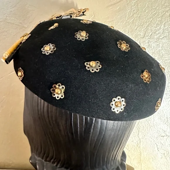 INVENTIVE 1940\'S BLACK FELT CAP WITH GOLD STUDS, BEADS & SATIN BAND TRIM 1940s Black Felt Surrealist Shape Hat w Gold Netting Sequin  main image 2